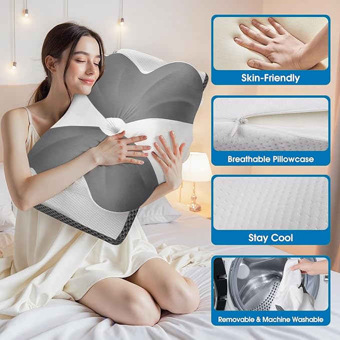 CloudBliss Cervical Memory Foam Pillow for Neck and Shoulder, Contour Neck Support Pillow with Cooling Case, Ergonomic Bed Pillow, Support for Side Back Stomach Sleepers (Grey, King Size)