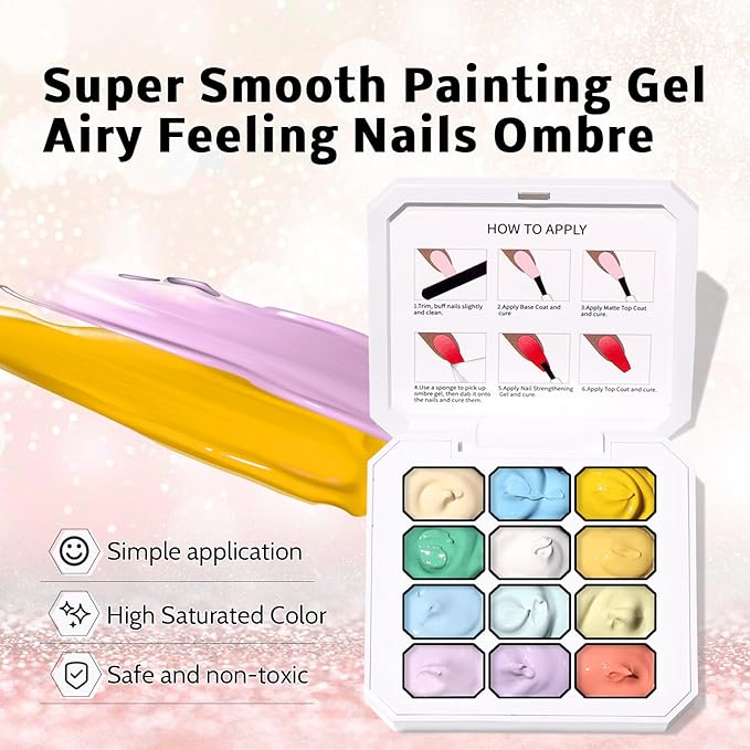 Sponge Pat Gel Nail Polish Palette, 12 Colors Blending Ombre Gel Polish Gradient Painting Nails Art, No Wipe, UV/LED Cured (12 Colors A)