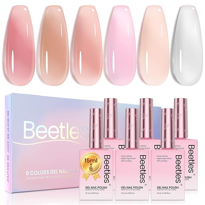 Beetles Jelly Gel Nail Polish, 6 Colors 15ML Milky White Sheer Pink Nude Brown Translucent Sheer Nail Polish Soak Off UV Colorful Bottle Gel Nail Art Home Salon DIY Gift for Women
