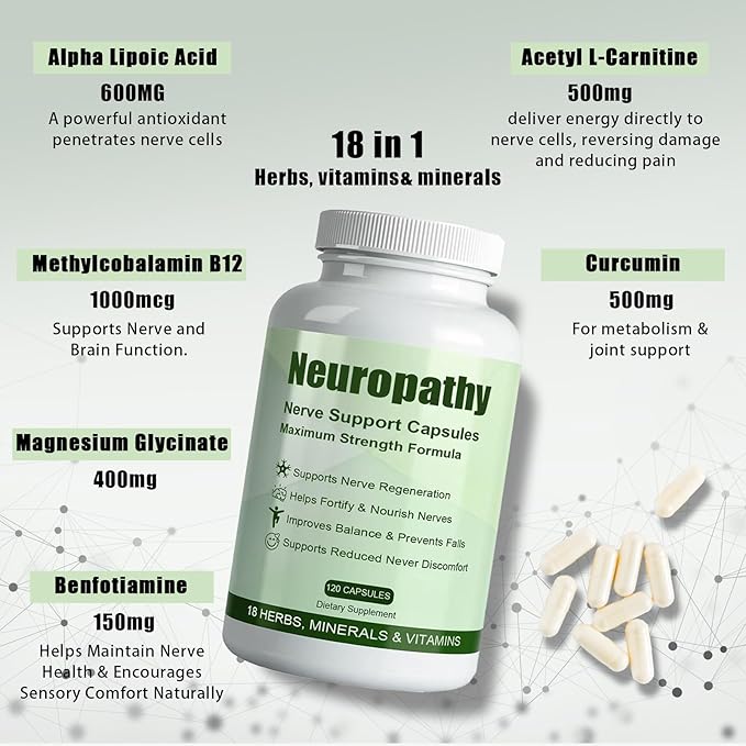 Neuropathy Pills for Nerve Discomfort, Nerve Support Supplement with Alpha Lipoic Acid 600 Mg & Acetyl L-Carnitine,Enhance Nerve Calming, Strength for Nerve Discomfort Support, 120 Count