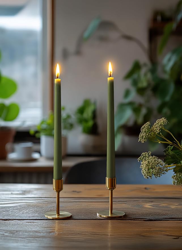 6 PK 10" Classic Taper Candles, Moss Green, 7-8 Hours Long Burning, Unscented Tall Candlesticks