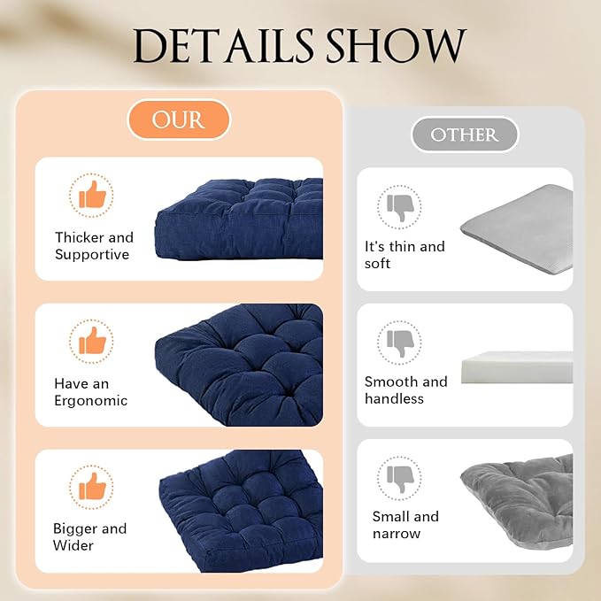 Meditation Floor Cushions Set of 2, Thickened Floor Pillow for Adults, Large Square Pillows Seat Cushion for Tatami Living Room Yoga, Memory Sponge Block Added, 22x22 Inch, Drak Blue