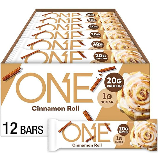 ONE Protein Bars, Cinnamon Roll, Gluten Free with 20g Protein and 1g Sugar, Pantry Staples, 2.12 oz (12 Count), Packaging May Vary