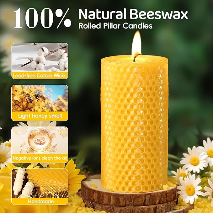 6 Pack Natural Beeswax Pillar Candles,2.8x6in Handmade Beeswax Rolled Candles,258 Hours Long Burning Honeycomb Bees Wax Candle for Gift & Home Decor,Dripless Smokeless Unscented