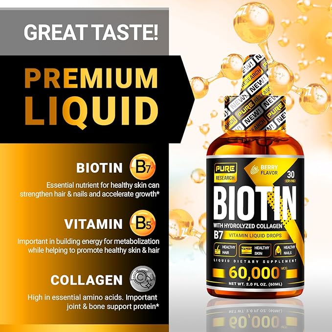 Liquid Biotin & Collagen Hair Growth Drops 60,000mcg - Biotin and Liquid Collagen Supplement for Men & Women - Glowing Skin Support, Healthy Hair & Nail Growth - 2oz