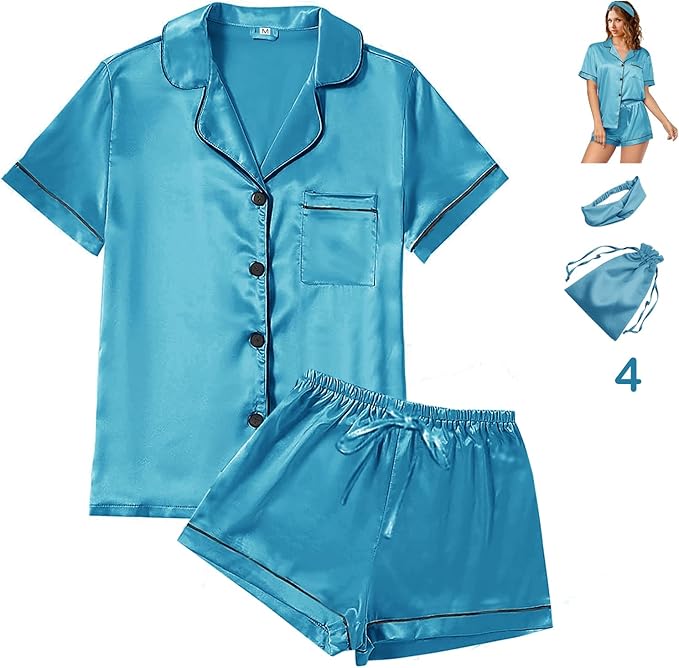 4Pcs Womens Satin Silky Pajama Sets Short Sleeve Shirt XS-4XL Floral Pajamas Set Soft PJ Loungewear Sleepwear