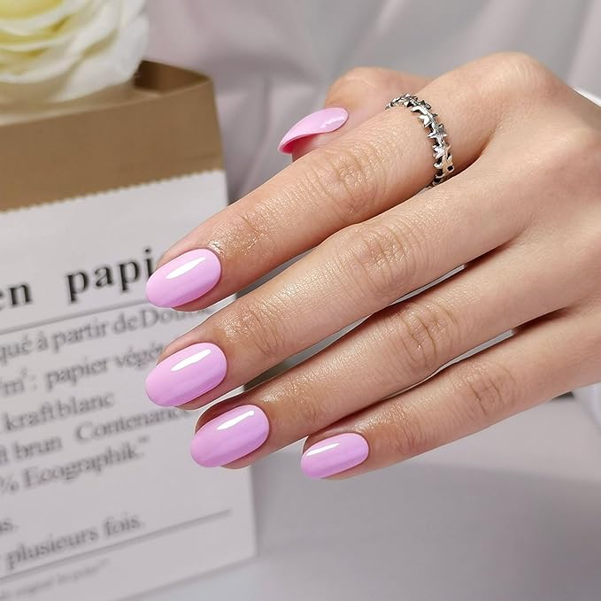 Pink Press on Nails Oval for Women Gift - Soft Gel Press on Nails Short with Glue, Fit Perfectly & Natural Glue on Nails in 16 Sizes - 32 Reusable Fake Nails, Pink