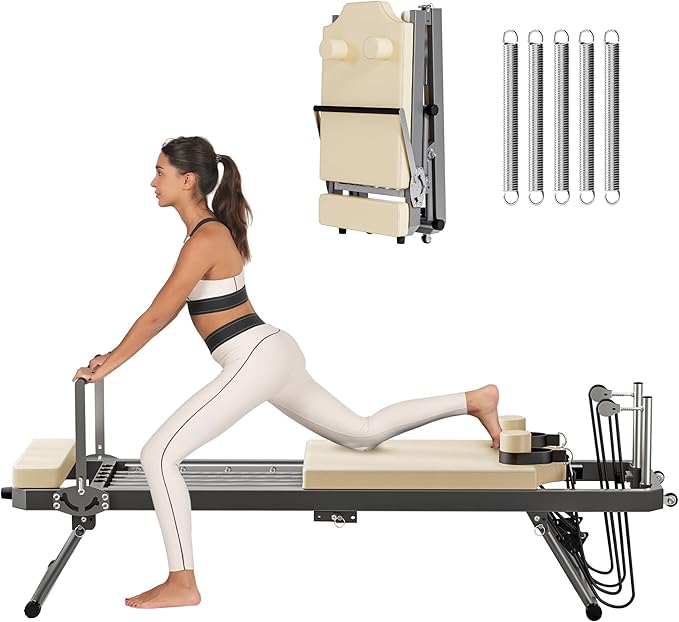 DlandHome Pilates Reformer, Foldable Pilates Reformer Machine with Springs & Resistance, Suitable for Advanced and Beginners Users Adjustable Pilates Equipment for Full-Body Home Workout Up to 330 lbs