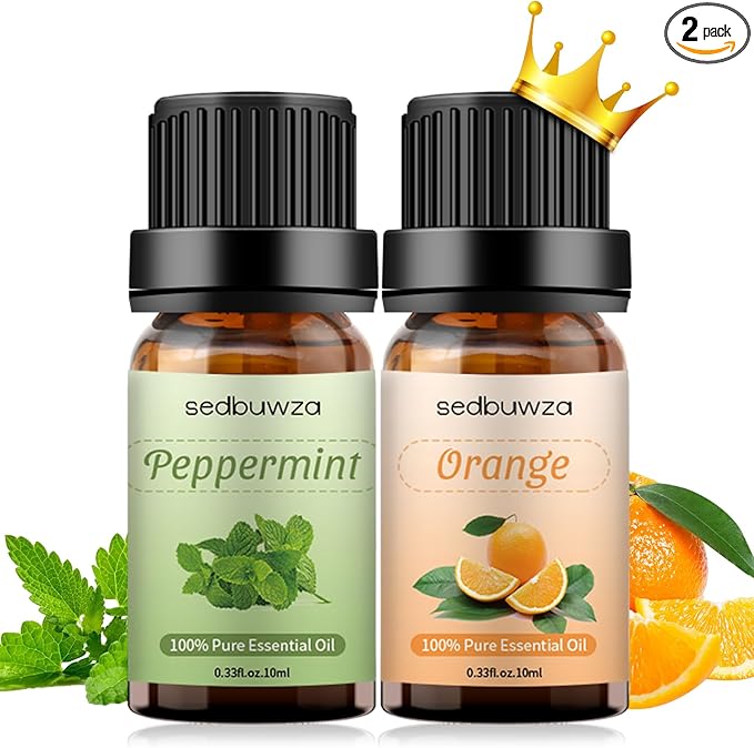 Sedbuwza Peppermint Orange Essential Oil Set, Peppermint Fragrance Oil Orange Scent Oil Set for Diffuser, Aromatherapy, Massage, Soap, Candle Making 2 x 10 ml
