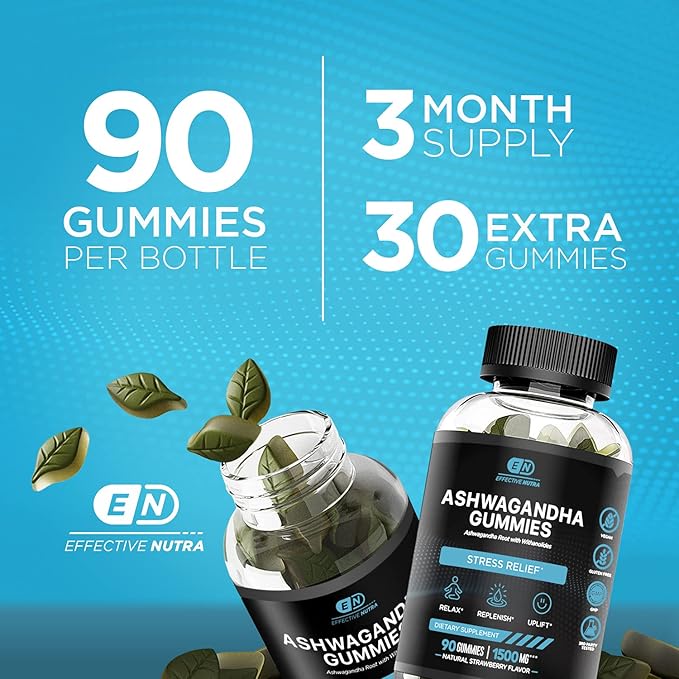 EFFECTIVE NUTRA Ashwagandha Gummies 1500mg | Stress Relief, Immune Support, Calm Mood, Energy | Natural Berry Flavor | 90-Day Supply | Vegan, Gluten-Free, Non-GMO | Supplement for Men & Women (2-Pack)