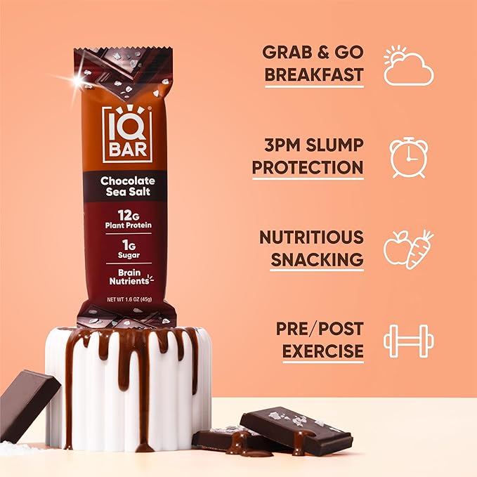 IQBAR Brain and Body Plant Protein Bars - Chocolate Sea Salt - 24-Count - Keto, Vegan, Low Carb, High Fiber, Gluten Free, Dairy Free, Low Sugar Snack with Nutrients for Focus, Energy, Meal Replacement