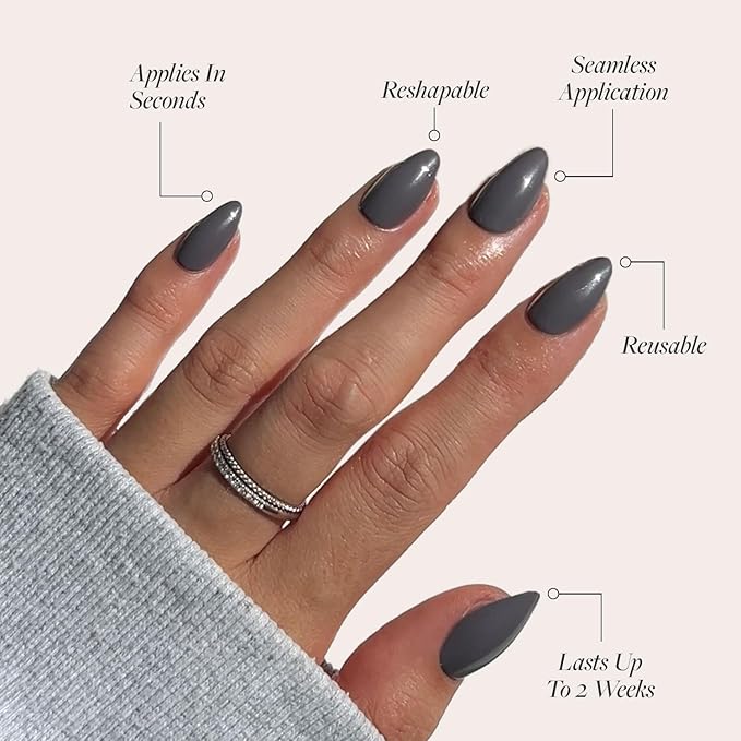 Glamnetic Press On Nails - Ash Gray | Opaque Muted Smoke Gray Short Almond Fake Nails, Salon Quality | 15 Sizes - 30 Nail Kit