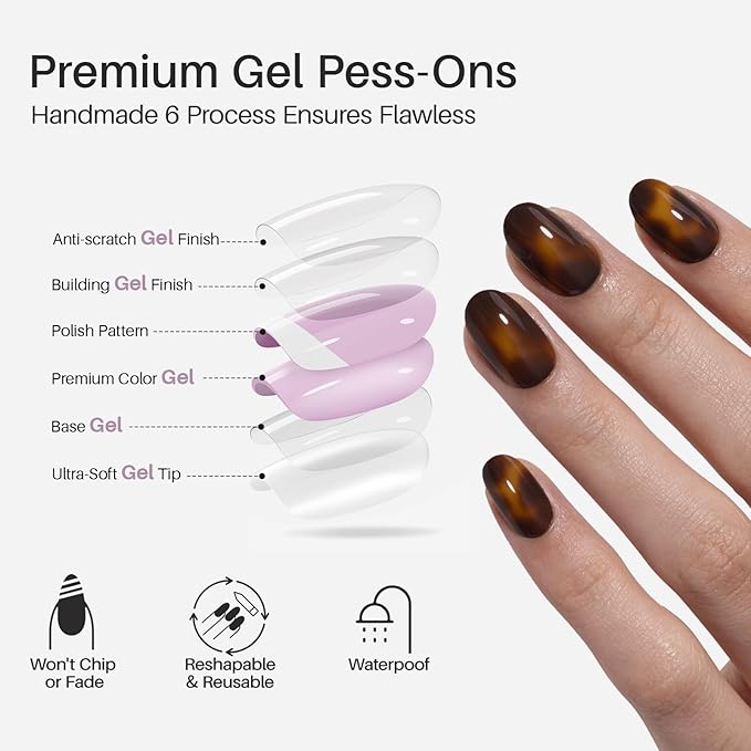 Tortoise Shell Press on Nails Short - Soft Gel Oval Press on Nails for Women, Seamless Fit & Glossy Glue on Nails 16 Sizes - 32 Reusable Fake Nails Kit with Glue, Amber Memory