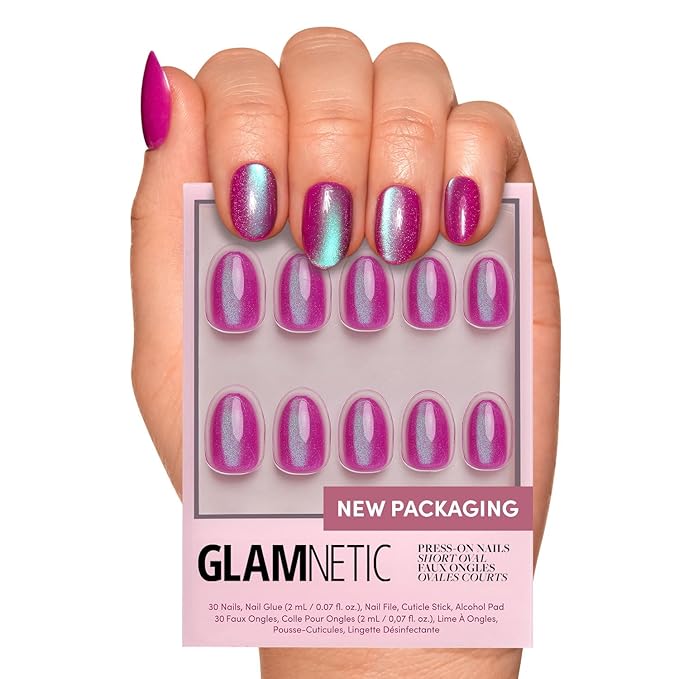 Glamnetic Press On Nails - Berry Fizz | Short Oval, Magenta Nails with a Mesmerizing Metallic Finish | 15 Sizes - 30 Nail Kit with Glue