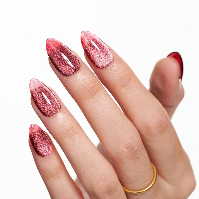 GLAMERMAID Magnet Cat Eyes Dark Red Press on Nails Short Almond, Handmade Jelly Gel Fake Nail Set, Ombre Glitter Magnetic Glue on Nail Stiletto, Scarlet Medium Oval Stick on False Nail Set for Women