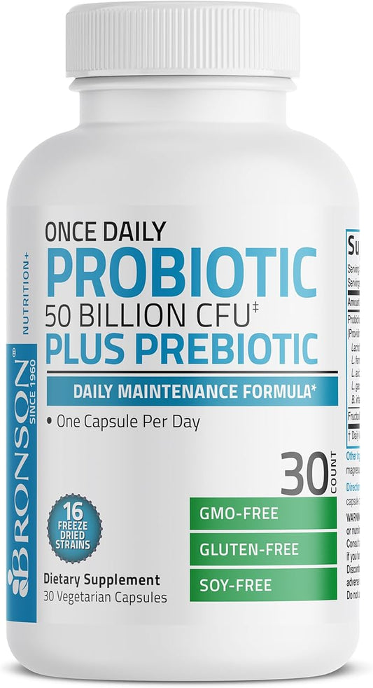 Bronson Once Daily Probiotic 50 Billion CFU Plus Prebiotic Daily Maintenance Formula One Capsule Per Day Non-GMO, 30 Vegetarian Capsules