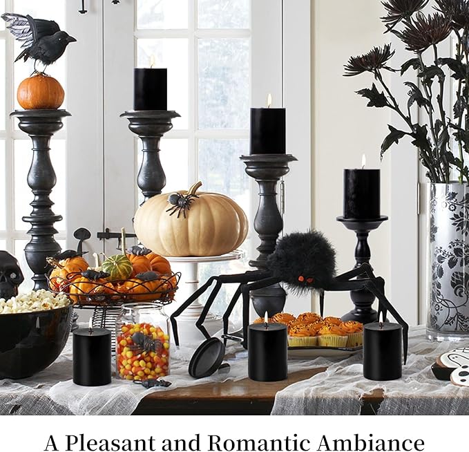 KONNI Black Pillar Candles Set of 3, 3"x 3" Unscented Pillar Candles Bulk, 30 Hours Long Burning Candles, Smokeless&Dripless Large Round Candle for Wedding, Home Decoration, Parties, Spas, Dinner