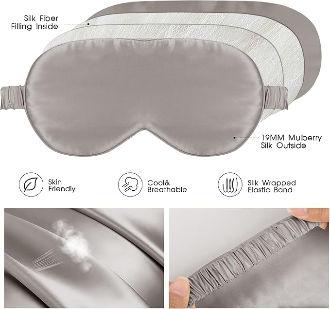 Silk Sleeping Mask for Travel/Plane/Side Sleeper Pure Mulberry Silk Eye Mask for Sleep/Men/Women/Adults Thin Cooling Eye Cover,Grey