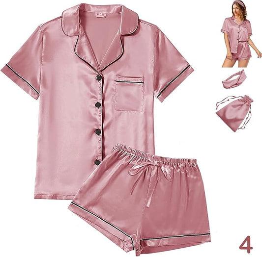 4Pcs Womens Satin Silky Pajama Sets Short Sleeve Shirt XS-4XL Floral Pajamas Set Soft PJ Loungewear Sleepwear