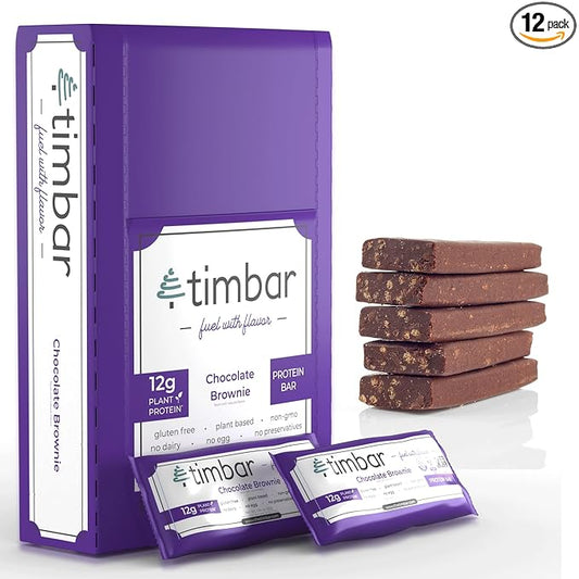 timbar Vegan Protein Bars 12 Pack | 12g Protein & 9g Fiber Plant Based- Energy & Nut Bars | Gluten Free, Non-GMO, Dairy Free, Healthy On-the-Go Snack & Meal Replacement (12 Packs, Chocolate Brownie)