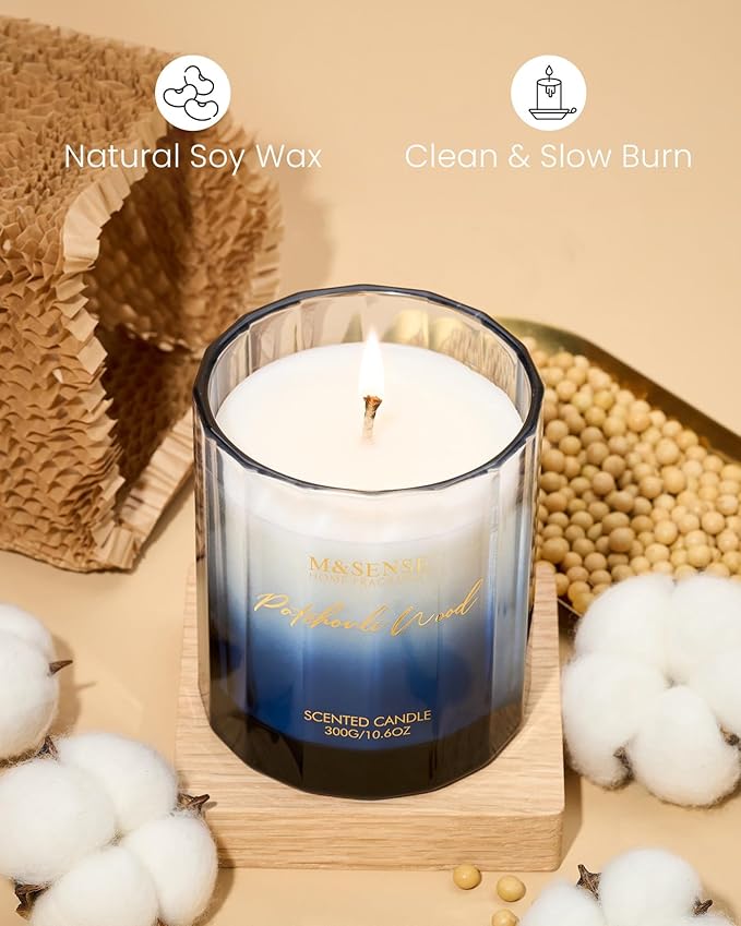M&SENSE Sandalwood Patchouli Scented Candle - 10.6oz Natural Soy Wax 60-Hour Long Lasting Burn Time Non Toxic Strong Woody Scented Candle for Men Women