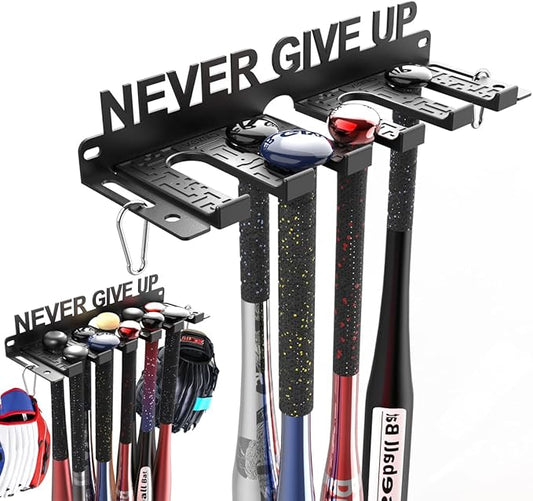 veimia Baseball Bat Holder Wall Mount, Baseball Bat Storage Rack, Holds 10 Bats on Wooden or Concrete Wall, Metal Bat Hanger with Fully Wrapped Rubber Mat, Hardware Included.