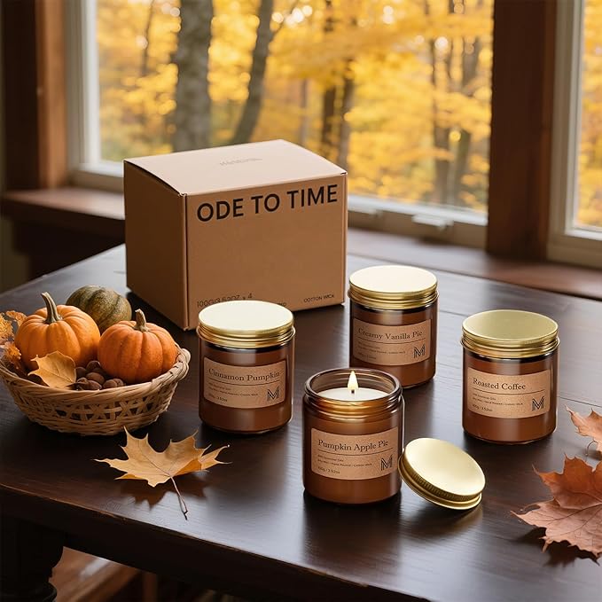M&SENSE 4 Pack Candles for Home Scented Fall Candle Gift Set for Women Soy Wax Long Lasting Amber Jar Candles Gift for Halloween Thanksgiving Day