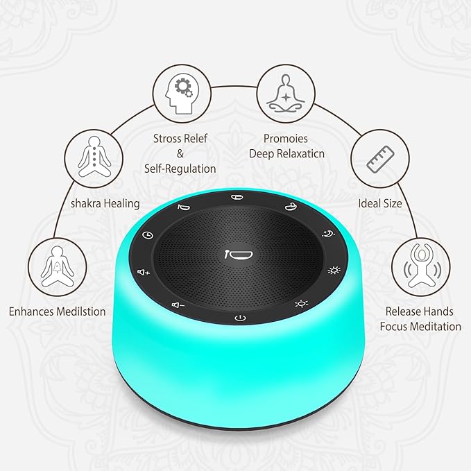 Kipcush Tibetan Singing Bowls Sound Machine - 11 Different Sized Sound Bowls with Night Light for Yoga, Meditation, Mindfulness, Healing, Chakra Healing and Stress Relief, Timer, Plug in (Black)