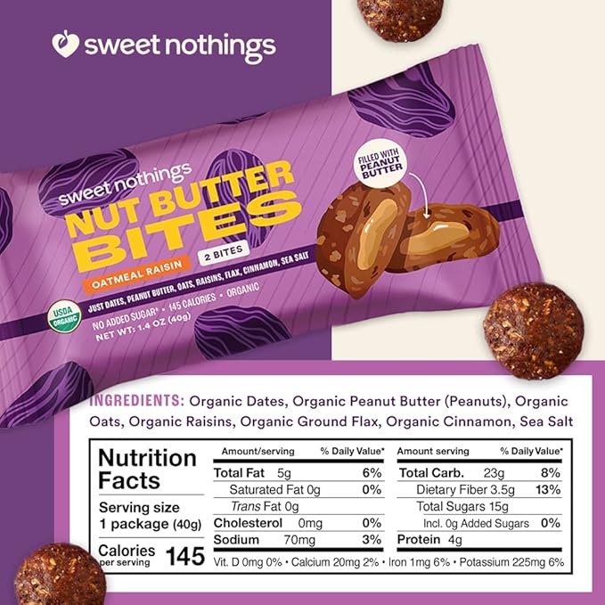 Sweet Nothings, Variety Pack: Chocolate, Apple Cinnamon, and Oatmeal Raisin, USDA Organic Nut Butter Bites Protein 6-2 Bite Value Packs (2 of each flavor) - No Added Sugar, Good Source of Fiber, Only 7 Ingredients