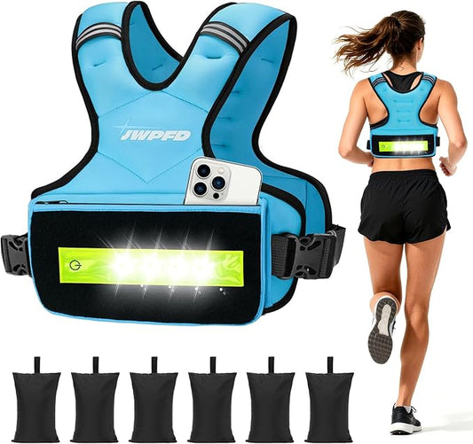 Adjustable Weighted Vest for Women Men, 6-15 Lbs Rucking Vest with LED Light Strips, Weight Vest with 6 Ironsand Weights, and Zipper Pocket for Strength Training, Walking, Running
