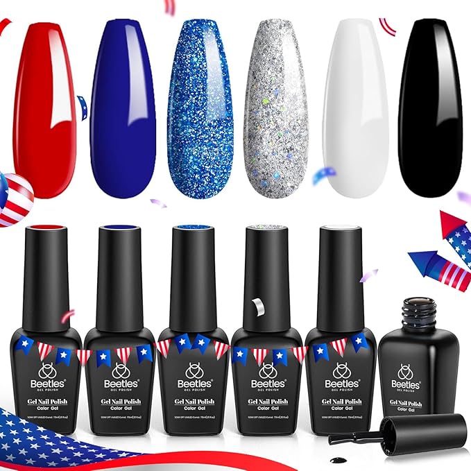 Beetles 4th of July Gel Nail Polish Set - 6 Colors Red White Navy Blue Gel Polish Sliver Glitter Gel Polish Soak Off Uv Nail Lamp for the 4th of July Nails Manicure DIY Nail Art Design Gift for Women