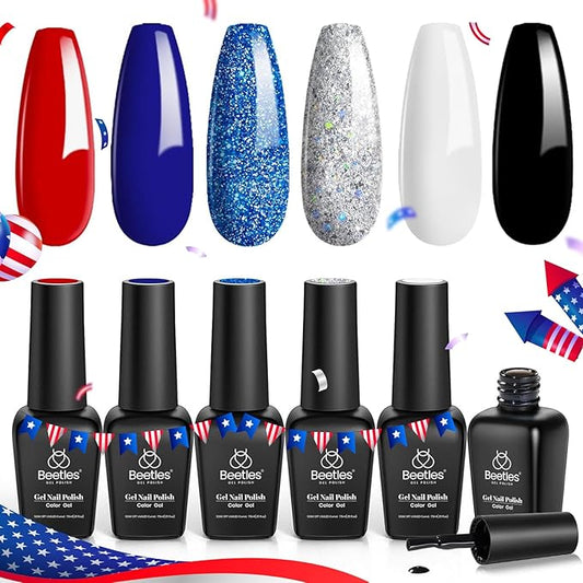 Beetles 4th of July Gel Nail Polish Set - 6 Colors Red White Navy Blue Gel Polish Sliver Glitter Gel Polish Soak Off Uv Nail Lamp for the 4th of July Nails Manicure DIY Nail Art Design Gift for Women