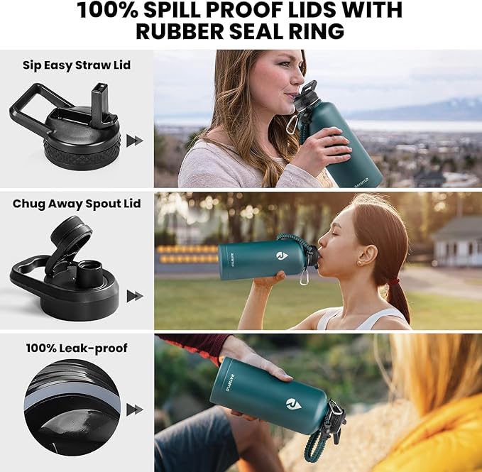 Insulated Water Bottle 87 oz, Triple Wall Vacuum Stainless Steel (Cold for 48 Hrs), Leak Proof & Non-BPA, Modern Water Flask Jug with Paracord Handle & Straw Spout Lids, Dark Green