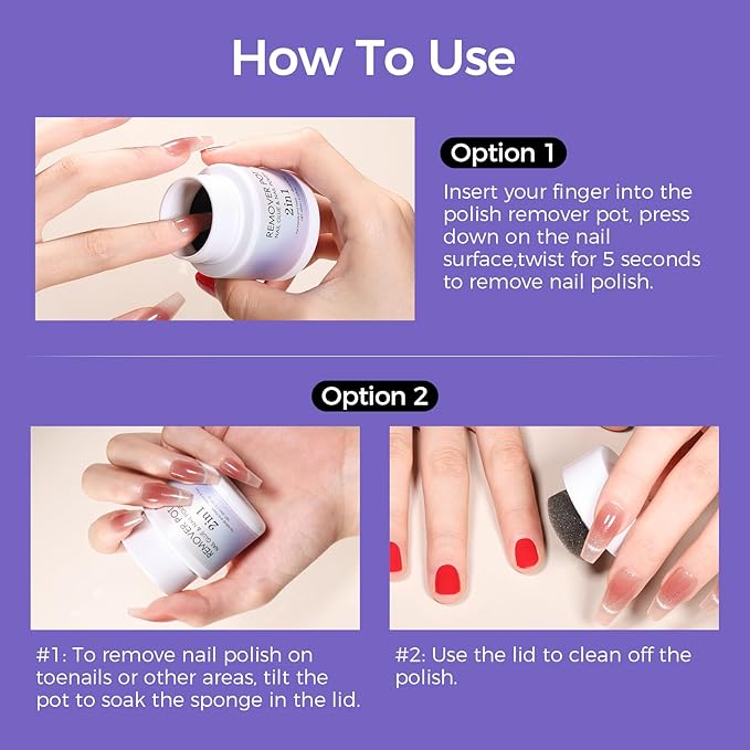 Nail Polish Remover Pot - 2 Pack Acetone-Free Sponge Soaker with Lid, 5-Second Fast Removal for Regular Nail Polish at Home, Salon & Travel