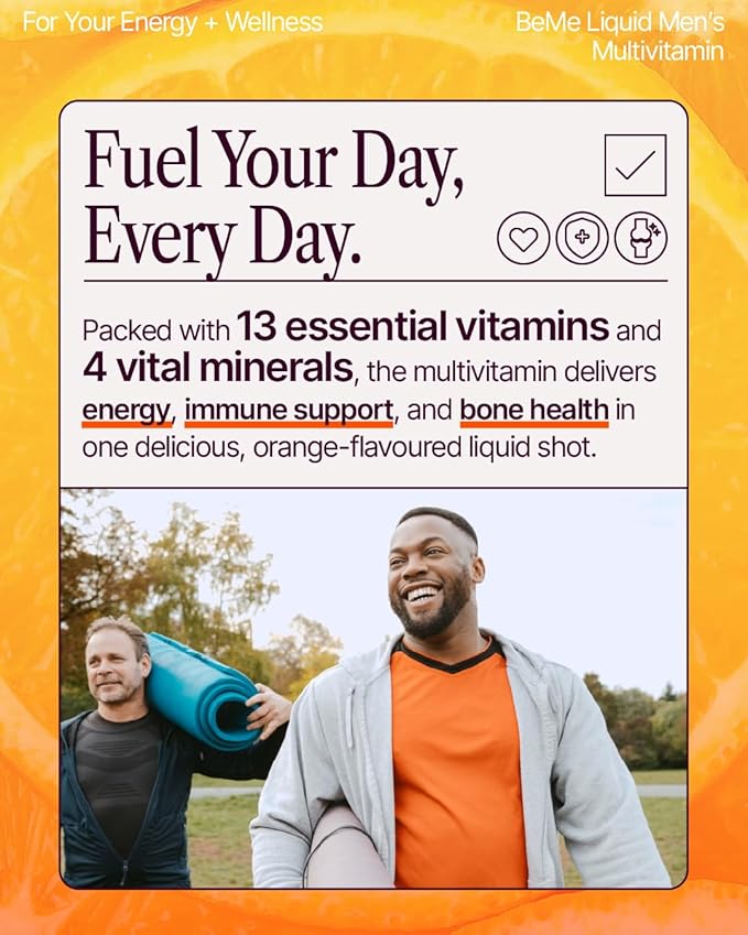 BeMe Be Vitalized Liquid Multivitamin - Daily Liquid Vitamins & Minerals, A, B-Complex, C, D, E, K, Calcium, Zinc, Magnesium, Health & Wellness Supplement Drink (30 Count (Pack of 1), Orange - Men)