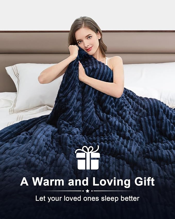 Sherpa Fleece Adult Weighted Blanket 20lbs with Ribbed Stripes, Dual Sided Fuzzy Warm Blanket for Couch Bed Sofa, Heavy Thick Blankets with Ceramic Beads Great for Sleep, Navy Blue, 60" x 80"
