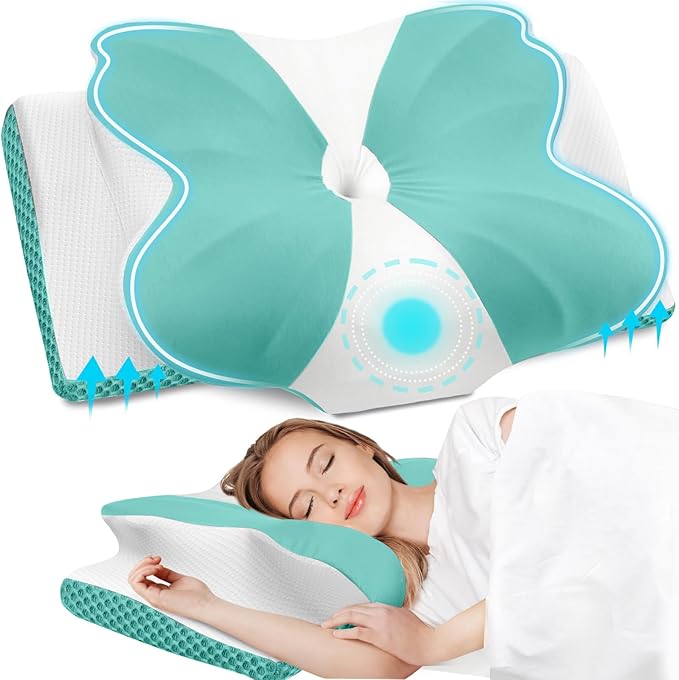 CloudBliss Cervical Memory Foam Pillow for Neck and Shoulder, Contour Neck Support Pillow with Cooling Case, Ergonomic Bed Pillow, Support for Side Back Stomach Sleepers (Green, King Size)