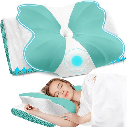 CloudBliss Cervical Memory Foam Pillow for Neck and Shoulder, Contour Neck Support Pillow with Cooling Case, Ergonomic Bed Pillow, Support for Side Back Stomach Sleepers (Green, King Size)
