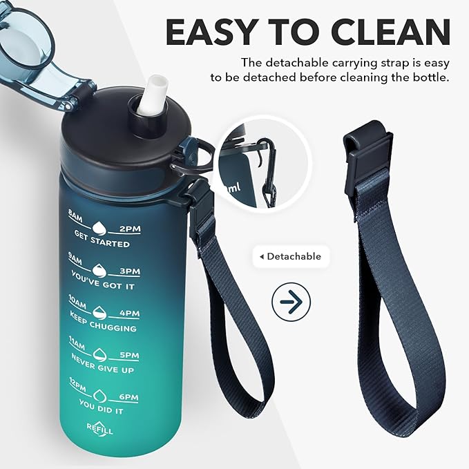 Enerbone Water Bottle, Leakproof BPA & Toxic Free, Motivational Water Bottle with Times to Drink and Straw, Fitness Sports Water Bottle with Strap for Office, Gym, Outdoor Sports