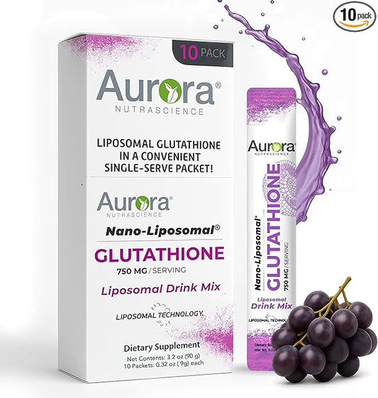 Aurora Nutrascience Nano-Liposomal Glutathione, Grape Powdered Drink Mix Immune & Antioxidant Gut Health Support Supplement, 750 mg per Serving, Non-GMO, Sugar-Free, 10 Single Serve Packets