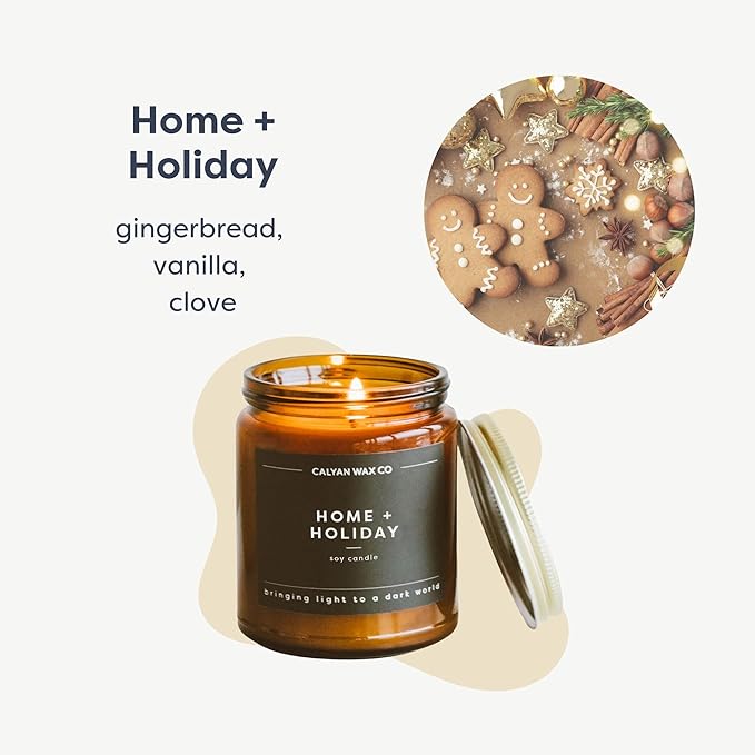 Calyan Wax Co. Home & Holiday Scented Candle - 57 Hour Burn - Luxury Non Toxic Soy Wax Candles - Long Lasting Amber Glass Jar Candle for Home - 7.2oz