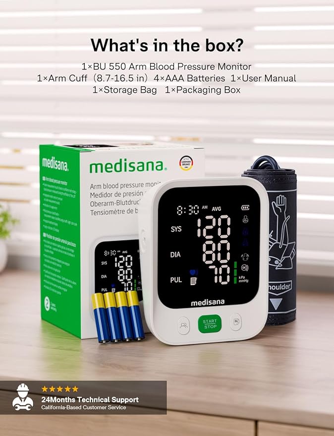Blood Pressure Monitor with 2x199 Sets Memory, Medisana Automatic Upper Arm Blood Pressure Monitor for Home Use, 4.5" Color LED Backlit Display, Adjustable Large Cuff, Home Hypertension Detector