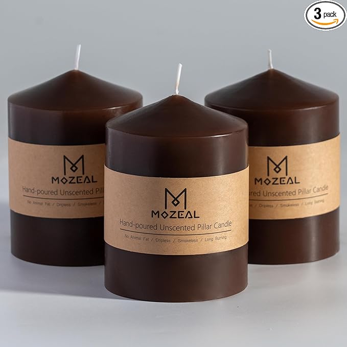 MOZEAL 3" x 4" Hand-Poured Unscented Brown Pillar Candles,Dripless Candles Set of 3,Smokeless,Clean Burning,Approx 60 Hours Burn Time,Wedding,Dinner,Christmas and Home Decor（3 Inch Width Series）