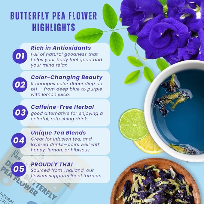 KHWAN’S TEA Butterfly Pea Flower - Premium Dried Blue Butterfly Pea Tea, Herbal Caffeine‑Free, Natural Food Coloring
