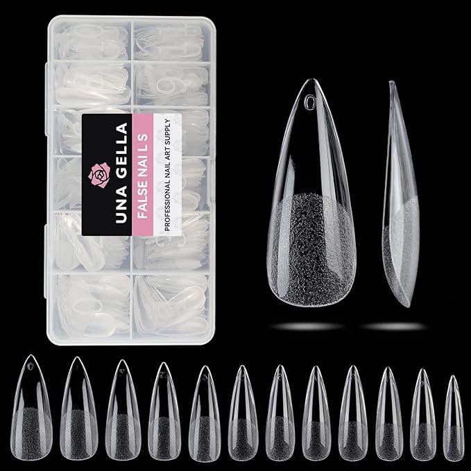 UNA GELLA Long Stiletto Gel Nail Tips Halloween Full Cover 504PCS Pre-shape Long Stiletto Almond Fake Clear Nails Tips No Need File Gel Tips No C Curve for Nail Extension DIY Art Salon 12 Sizes