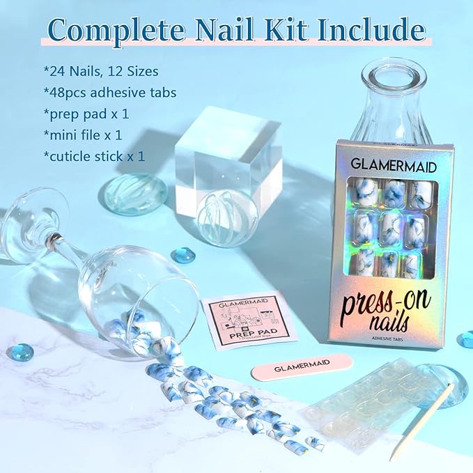 Marble Press on Nails Short Square GLAMERMAID, Blue Gold Acrylic Fake Nails with Design Luxury Stick Glue on Nails Reusable Glossy False Nail Sets, 48Pcs Adhesive Tabs Nail File, Cuticle Stick