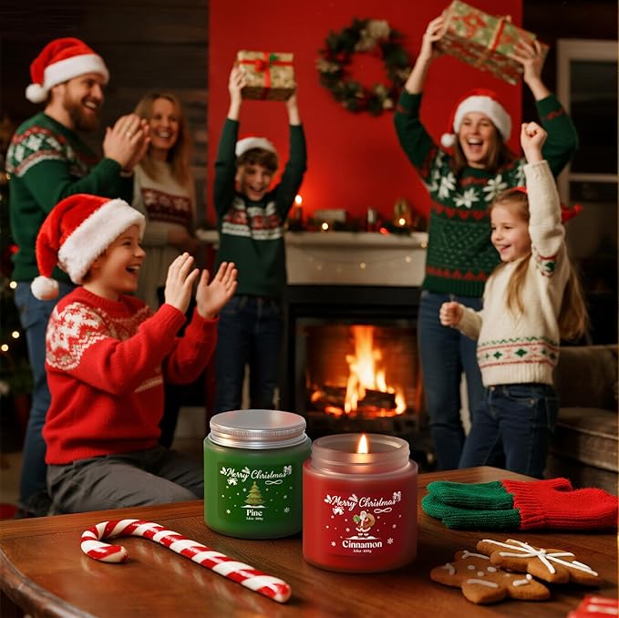 NORVENCE Christmas Candles, Scented Candle Gift Set of 4, Holiday Candles for Women and Men, Perfect Christmas Gifts for Women (Cinnamon, Pine, Vanilla, Jasmine, 14.4 oz)