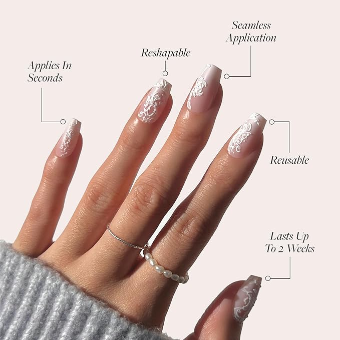 Glamnetic Press On Nails - Lace Blush | Glossy, Matte, Opaque, Medium Coffin Nails, with Lace Detailing, Salon Quality | 15 Sizes - 30 Nail Kit with Glue