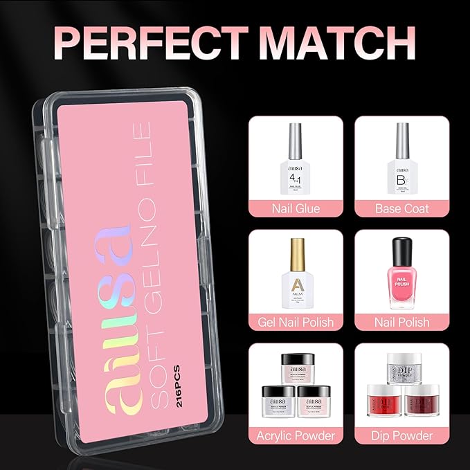 AILLSA Short Coffin Nail Tips Clear Gelly Nails Tip Half Matte Full Cover Tips Acrylic Pre-Filed Press on Fake Nail Tips for Nail Extension Home DIY Manicure 216PCS 12Sizes