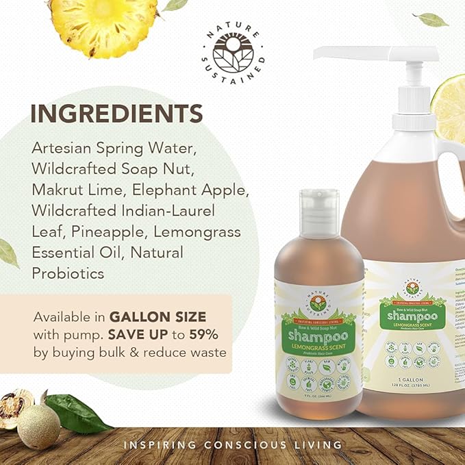 Nature Sustained Organic Shampoo - Raw & Wildcrafted with Probiotics, Hypoallergenic Natural & Sulfate Free Shampoo for Sensitive Scalp, Dry Hair, Dandruff, Gallon, Lemongrass